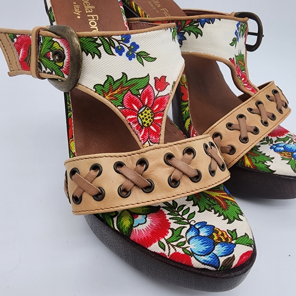 Isabella Fiore Italy Floral Wooden Platform Heel Clogs Sandals Size 5.5 - Picture 10 of 14